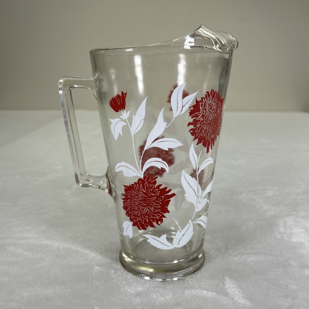 Vintage Clear Glass Pitcher White Red Flowers Leaves Heavy Ice Lip Handled MCM